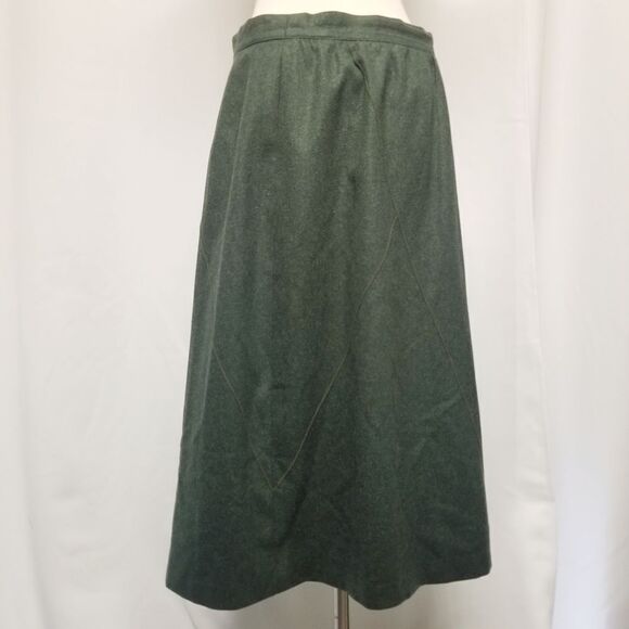 Vintage 70s Dark Forest Green Wool Blend Midi Skirt Acadamia Preppy Medium - Picture 2 of 8